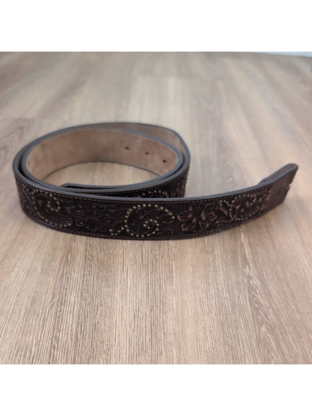 JUSTIN Leather Western Belt Brown Women’s Size 40 floral embossed studded rodeo